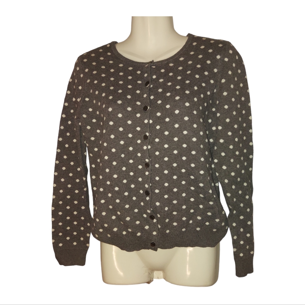 Ann Taylor Poka Dot Long Sleeve Gray Cardigan- Medium